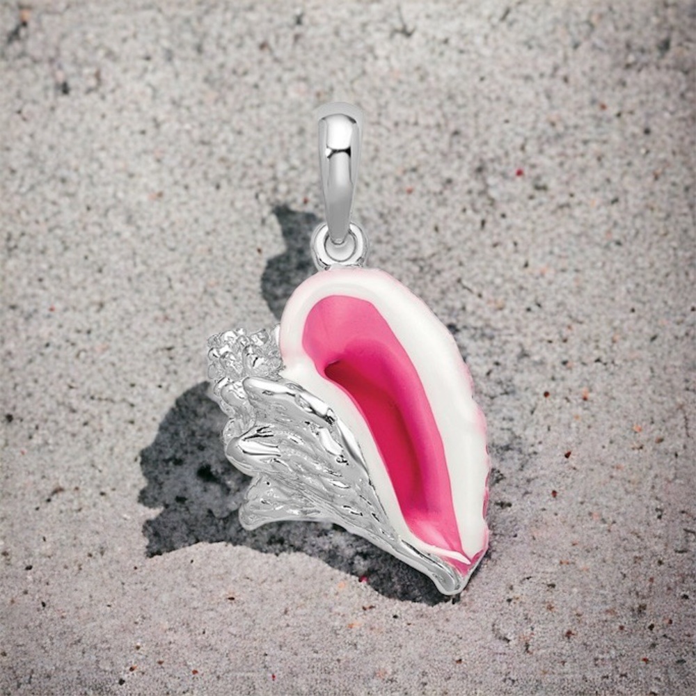925 Sterling Silver Pink White Enameled Conch Shell Necklace Pendant unisex